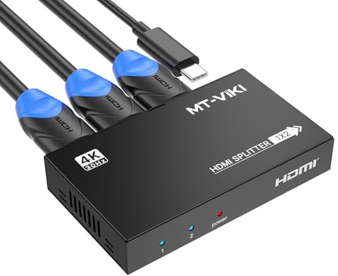 4K 30Hz HDMI Splitter 1 in 2 out, MT-VIKI 1 to 2 HDMI 2 Way Powered Distributor 1x2 For 2 Monitors Screens HDTV CCTV 3D Supports EDID HDCP + USB-C Cable