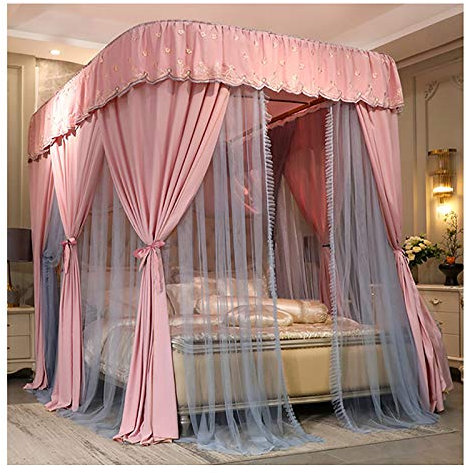 4 Eckpfosten, Prinzessinnen-Bettvorhang, Baldachin für Mädchen, 3 Öffnungen, Moskitonetz, rosa Bettdekoration für Kingsize-Bett und großes Queensize-Bett mit U-förmiger Halterung (Größe: 120