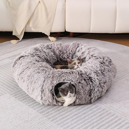 RYpetmia Plush Cat Tunnel Bed for Indoor Cats with Soft Cushion, Multi-Shape Play Cave with Hanging Balls, Large and Foldable Cat Donut Tunnel for Small and Large Pets (Brown)