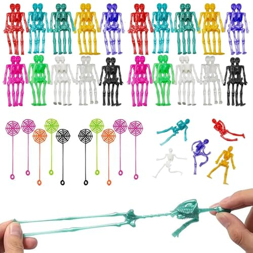 Halloween Party Bag Fillers - 50pcs Stretchy Toys (40 Skeleton, 10 Spider Webs) for Trick or Treat