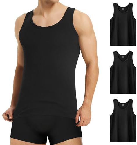 Mowenti 3er Pack Unterhemd Herren Tank Top Schwarz Herren 100% Baumwolle Muscle Ohne Arm Tanktops Feinripp für Sport Gym L