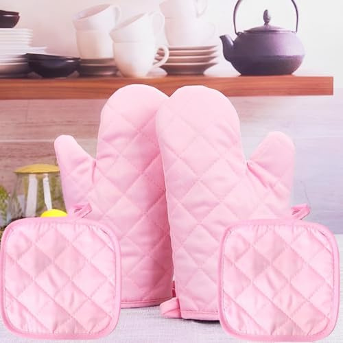 Pink Oven Gloves,Oven Mitts, 1 Pair Oven Mitts BBQ Gloves Heat Resistant: Heat Resistant Mitts Set of 4 (2 Gloves + 2 Pads), Kitchen Accessories for Baking & Cooking