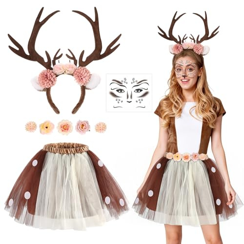 4 PCS Disfraz Reno Mujer, Diadema Reno con Cuernos Tatuajes Ciervo Cara Falda Tutú Pinzas de Flores, Accesorios de Disfraz Animal Adultos Niños Disfraces Navidad Halloween Carnaval Fiesta Cosplay