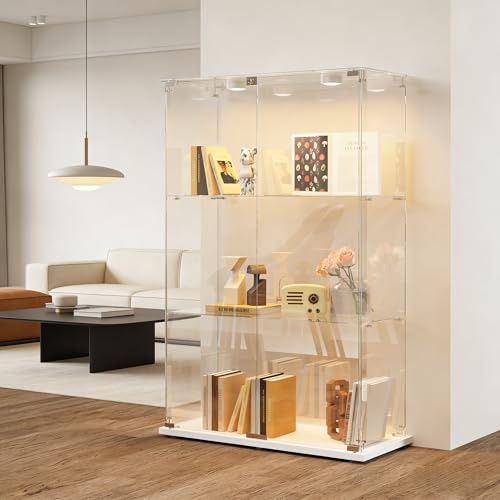 HYNHXBP Vitrina de Cristal Moderna de 2 Puertas con iluminación LED, Vidrio Templado de Alta definición, con Cerradura y Base Estable, Ideal para salón, Dormitorio u Oficina (BlancoC, 3 étages)