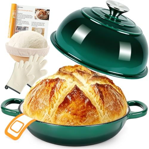 AHJ Cocotte en Fonte Émaillée, 5,7L/26cm Casserole Fonte Emaillee, Dutch Oven avec Pain Banneton, Émaillée Cocotte Pain avec Couvercle,pour Cuisine, Cuisson au Four, Mijotage et Saisissage (Vert)