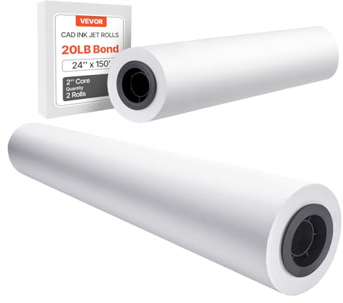 VEVOR Vit ritpapper rulle 609,6 mm x 45,7 m, 2 rullar CAD-plotterpapper, 50,8 mm kärna, för ingenjörsplaner, GIS-kort, arkitektonisk design