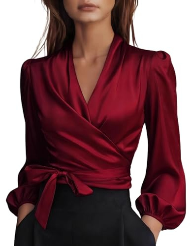 Chemisier Satin Femme,à col en V La Soie Élégante Blouse Chic Manches Longues Chemise Boutons Ample à Manches Longues Chemisier de Soirée Business Top