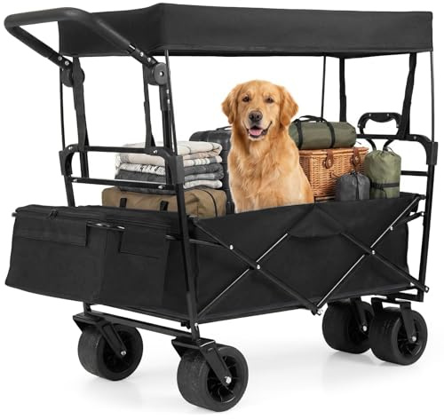 COSTWAY Bollervagn vikbar med tak, strandvagn med justerbart handtag och avtagbar förvaringsväska, handvagn upp till 100 kg, trädgårdsvagn 100 L, transportvagn för camping (svart)