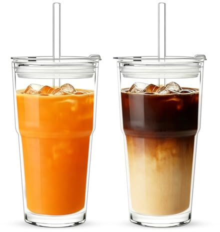 Ytwehela Glaskoppar, dubbelväggiga, 600 ml, 2 st, matchaLatte glas med lock och sugrör, bubbelglas, macchiatoglas, cocktailglas, kaffeglas, iskaffeglas, dricksglas