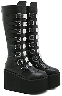 Botas A Media Pierna para Mujer Retro gótico Punk Cuero Hebilla de Metal Plataforma de cuña Botas Alta largas Botas,Negro,39 EU