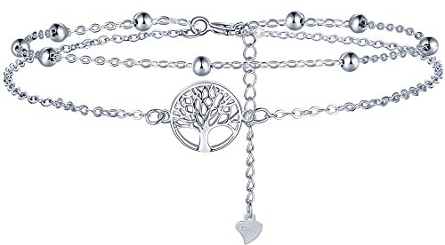 Lydreewam Lebensbaum Fußkettchen Silber 925 für Damen Doppel Fußkette mit Kugeln Sommer Barfuß Strand Fusskette, verstellbare 22+4cm