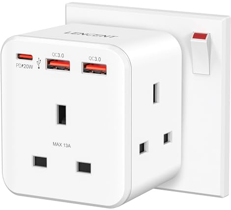 LENCENT 3 way plug adaptor with 3 Fast Charge USB，PD&QC 3.0 20W