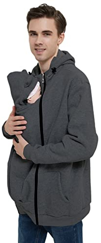 Idtswch Känguruficka bärjacka för baby av fleece 2-i-1 herr bärväska och softshelljacka, bärrock och damkappa, Mörkgrå, 3XL