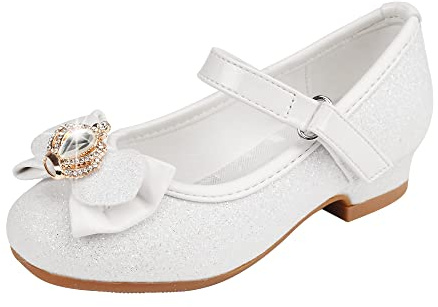 Stelle Girls Dress Shoes Glitter Princess Shoe Flower Mary Jane Low Heels Party Wedding Prom Footwear for Toddler Kids(T13-White, 9MT)