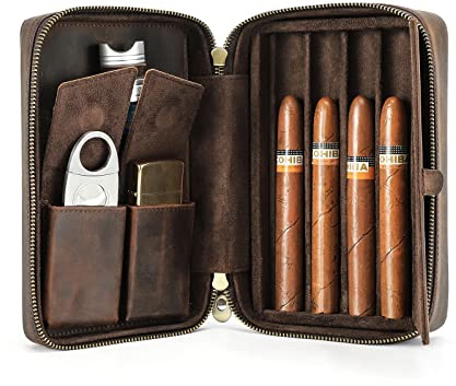Hiram Scatola da Viaggio per Sigari in Pelle - Custodia Portatile per 4 Sigari Con Cinghia da Polso, Umidificatore, Slot per Carte e Tasca