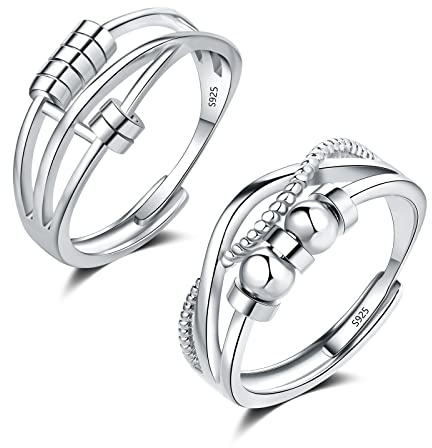Loutade Silver Anxiety Rings, 2PCS 925 Sterling Silver Fidget Rings Set, Silver Anti-Anxiety Rings with Beads Spinner Ring, Adjustable Open Fidget Spinner Rings, Infinity Stress Worry Rings for Women