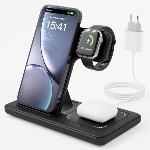 Chargeur Induction 3 en 1, Wireless Charger 15W Replacement for iPhone 16/15/14/13/12/Pro/Max/Plus, Watch Ultra 10/9/8/7/6/5/4/3, Earbuds 4/3/2/1 Pro, Station de Charge, Chargeur sans Fil LUOATIP