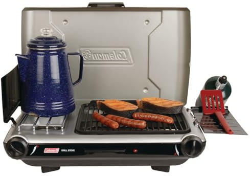 Coleman Tabletop 2-in-1 Grill & Stove with 2 Adjustable Burners, Propane Grill/Stove with Push-Button Starter, Wind Guards, Grease Tray, & 20,000 BTUs of Power for Camping, Tailgating, & More