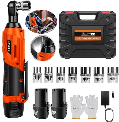 Lucn Clé à chocs sans fil à angle droit Li-ion, tournevis à choc, pistolet à écrous + 2 pièces de batteries Orange