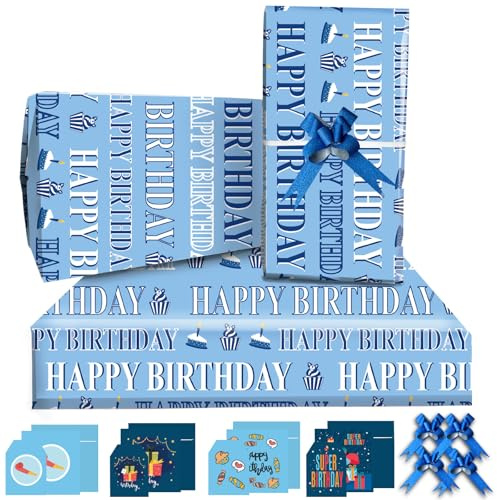 Blue Happy Birthday Wrapping Paper 85 * 60cm,4 Sheets 4 Blue Bows,4 Birthday Cards with Envelopes,4 Gift Tags,Gift Wrap Pack For Boys Men Kids