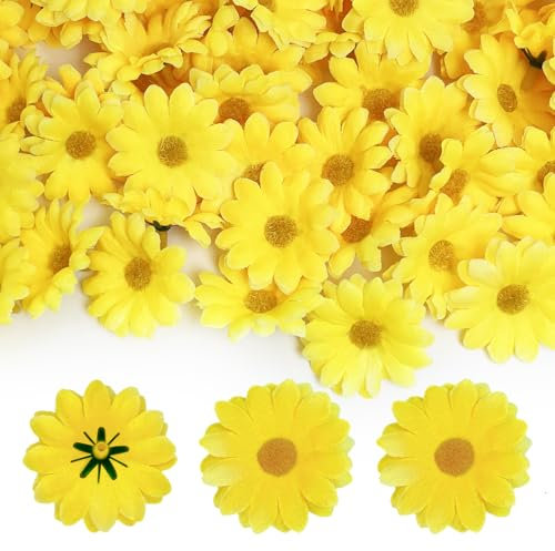 100Pcs Silk Artificial Gerber Daisy Flowers, Dried Daisies DIY Craft Decoration, Easter Chrysanthemum Flowers for Easter Bonnet Craft Decoration (Yellow)