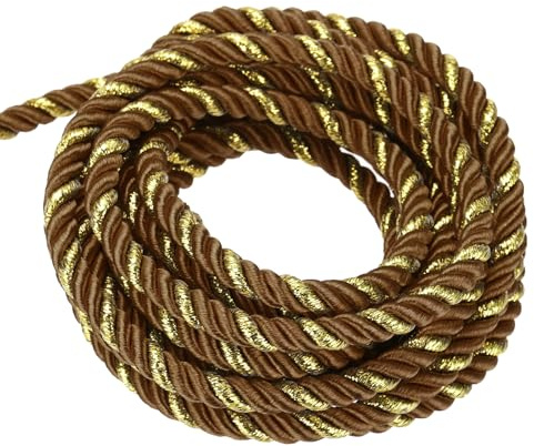 QUARKZMAN Corda Intrecciata in Poliestere 15m, 5mm 3 Strati Cordino Decorativo Ritorto Flessibile Brillante per Tenda Artigianato Regalo Borsa Decorazioni, Marrone Scuro e Oro - 16ft