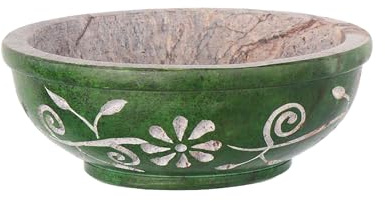 NKlaus Grön rökelseskål av täljsten Ø 10 cm – handgjord med blommig gravering, perfekt för rökelsehartser, kristaller, altare och meditation 16778
