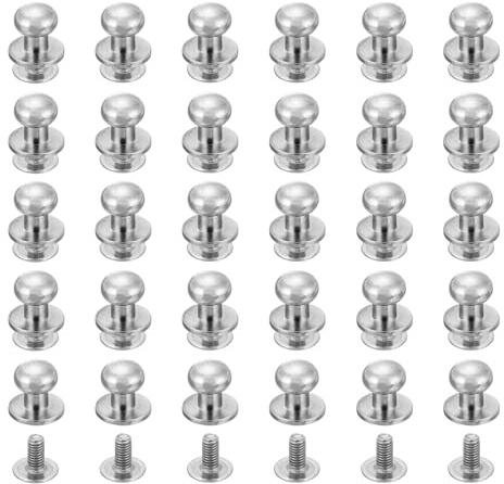 QUARKZMAN 30 stycken lädernitar ihåliga nitar skruvnitar för läder 7 mm Chicago skruvar bokskruvar set, runt huvud knappar läderhantverk skruvnitar för gör-det-själv handväska skor, silver