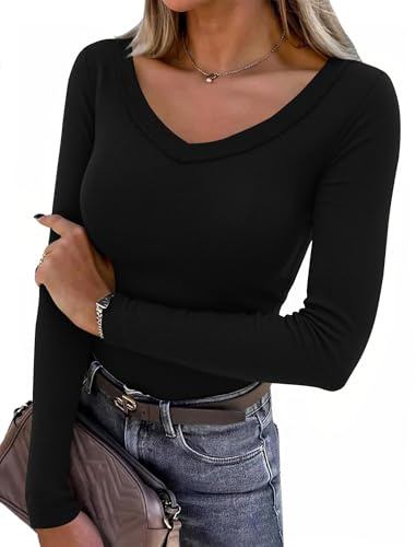 Aottori Women Long Sleeve Tunic Top V Neck Ribbed Basic T Shirts Ladies Pullover Tee Shirt Slim Fit Solid Casual Top for Spring Autumn Winter Black L