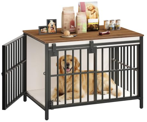HOOBRO Jaula para Perros, con Puerta Corredera Tipo Granero, Mueble Interior para Perros Pequeños y Medianos, Jaula Pesada con 2 Puertas, para Salón, Dormitorio, Blanco y Nogal EBWH163GW03
