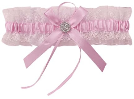 La liga de la novia para boda con lazos para las piernas de encaje y pedrería, Rosa., Talla única