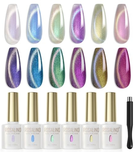 ROSALIND UV Nagellack Set Aurora Cat Eye, 6 Färger Lila Blå Grön Brun Cat Eye Nail Gel Set med Manget, Blötlägg av UV/LED långvarig Gel Polish Manikyr Vår Sommar Series