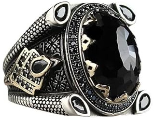 sigillring, Silverring Smycken Handgjord Svart Zirkon Retro Vintage Mönster Herrstorlek I-Z+6