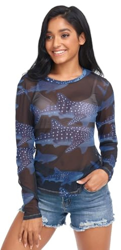 Dam genomskinlig topp, hav hundval stor cool fiskdjur, nät långärmad genomskinlig topp tröja S, Havshundval stor cool fiskdjur, L