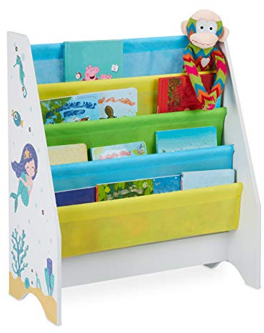 Relaxdays Kinder Bücherregal, 4 Hängefacher, Meerjungfrau Kindermotiv, HBT: 71x62x29 cm, Bücheraufbewahrung, Mehrfarbig