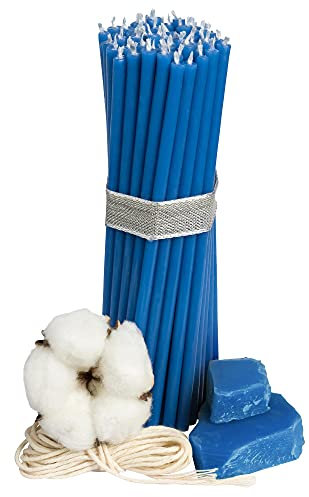 Diveevo Kirchliche Bienenwachskerzen №140-50 Stk. I hochwertige Ritualkerzen L-16 cm Ø-5,0 mm I 30 Min Brenndauer in blau I 150 g dünne Kerzen tropf- und rauchfrei