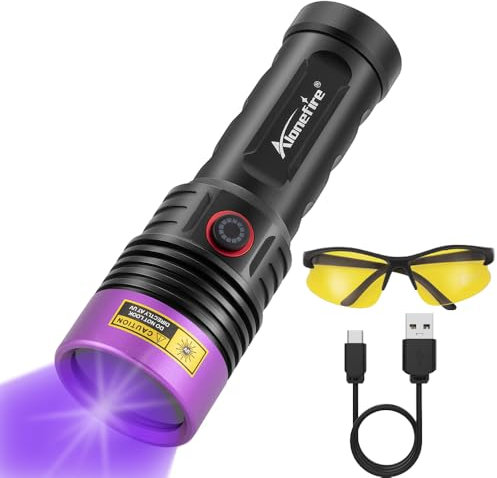 Alonefire SV53 15W 365nm UV Torch USB Rechargeable Ultraviolet Black Light Pet Urine Detector for Resin Curing, Fishing, Scorpion, Dry Glue, Minerals with UV Protective Glasses, Battery Included