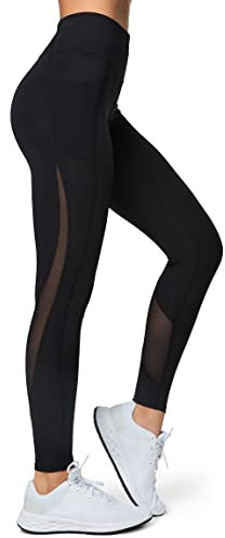 Yvette Sport Leggings Damen mit Mesh Taschen, Blickdicht high Waist Sporthose für Fitness Yoga Streetwear, Schwarz, L