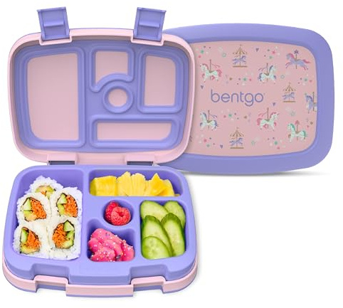 Bentgo® Kids Prints Leak-Proof, 5-Compartment Bento-Style Kids Lunch Box - Ideal Portion Sizes for Ages 3 to 7 - BPA-Free, Dishwasher Safe, Food-Safe Materials - 2022 Collection (Carousel Unicorns)