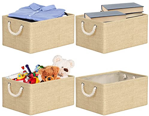 RIWNNI Lot de 4 Boîte de Rangement en Tissu, 40 x 30 x 20 cm, Panier de Rangement Pliable, Caisse de Rangement avec Poignées, Boite Rangement pour Vêtements, Enfant Jouets, Livres (Beige)
