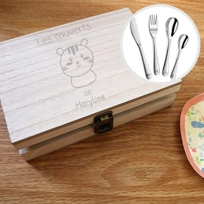 CADEAUX.COM - Set Couverts Enfant Animaux Tigre - Coffret Personnalisé Gravé avec Couverts - Cadeau Personnalisé Enfant, Cadeau Naissance Fille, Cadeau Naissance Garcon, Cadeau Baptême