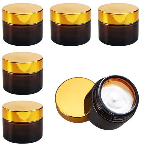 TESSTSY 6 Stück Salbentiegel 50ml, Amber Glas Leerdose, Kosmetisches Glas Cremedose, Nachfüllbare Behälter Braunen Glasbehälter mit Deckel und Liner für Kosmetik Cremes Lotionen ätherische Öle (50g)