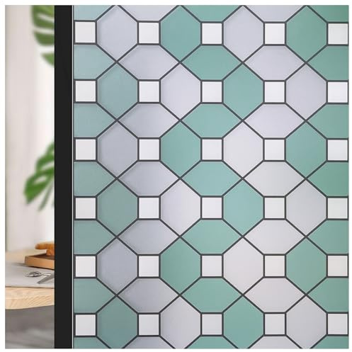 ConCus-T Green White Stained Glass Window Film Privacy Frosted Geometric Glass Film Static Cling Window Sticker Anti UV Door Covering Vinyl for Home Office, 44.5x200CM