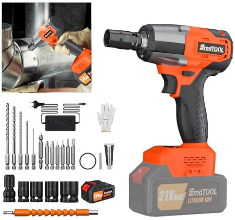 DayPlus Akku-Schlagschrauber 1/2 Zoll Set mit 21V 1 x 6.0Ah Akku 450Nm Hochdrehmoment, Schlagschrauber Nüsse 4 Stecknüsse, 14/17/19/22mm, 2-Gang Einstellbar Drehschlagschrauber mit Koffer, Orange