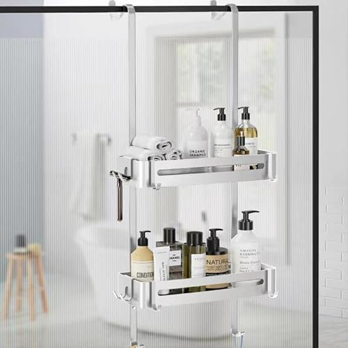 AIGOCITY Mensola doccia da appendere, mensola doccia senza foratura, argento per porte doccia in vetro con 6 ganci per riporre shampoo e gel doccia in bagno