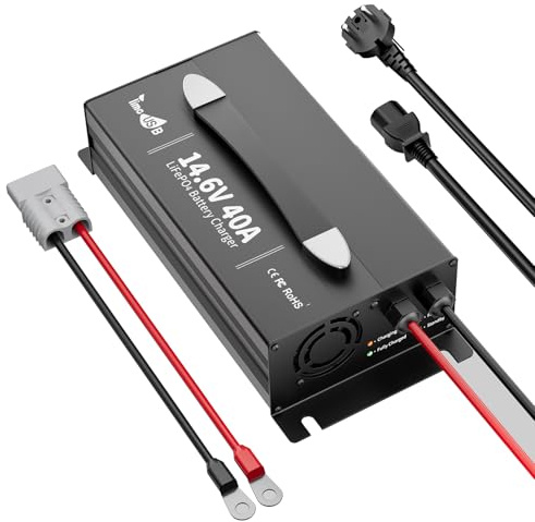 Timeusb Chargeur de Batterie LiFePO4 14,6V 40A avec Prise Anderson pour Batteries LiFePO4 12V, Chargeur de Batterie Lithium 40A à Chargement Rapide avec Indicateur LED, Chargeur Intelligent AC-DC