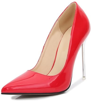 Escarpins à Bout Pointu et Talons Aiguilles de 4,3 Pouces pour Femmes, Chaussures habillées à Enfiler, Talons Hauts de Grande Taille, Talons métalliques Sexy pour boîte de Nuit,Rouge,44 EU