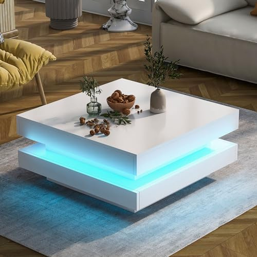YESGIGA Weißer quadratischer Hochglanz-Couchtisch mit drehbarer Platte - Moderner Techno-Stil mit 16-farbigem LED-Licht
