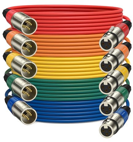 J&D XLR Microphone Cable, Gold Plated Heavy Duty Balanced 3 Pin XLR Male to Female Colored Mic Cables Speaker Cord for Mixer, Amplifiers, Recording, 5 Pack, 1.8 meter
