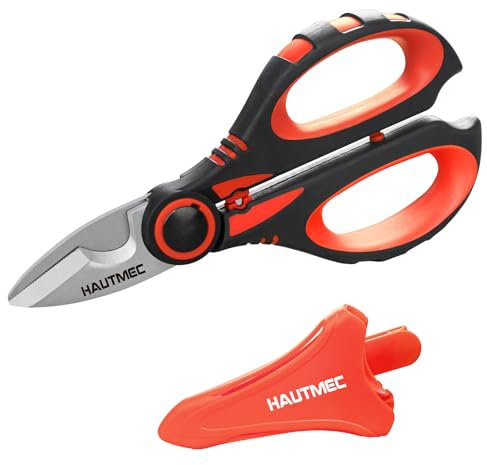 HAUTMEC Heavy-Duty Electrician Scissor, 160mm Electricians Shears with Serrated Stainless Steel Blade, Wire Stripping, Cable Crimping, Ergonomic Fibreglass Handle & Safety Sheath – HT0416
